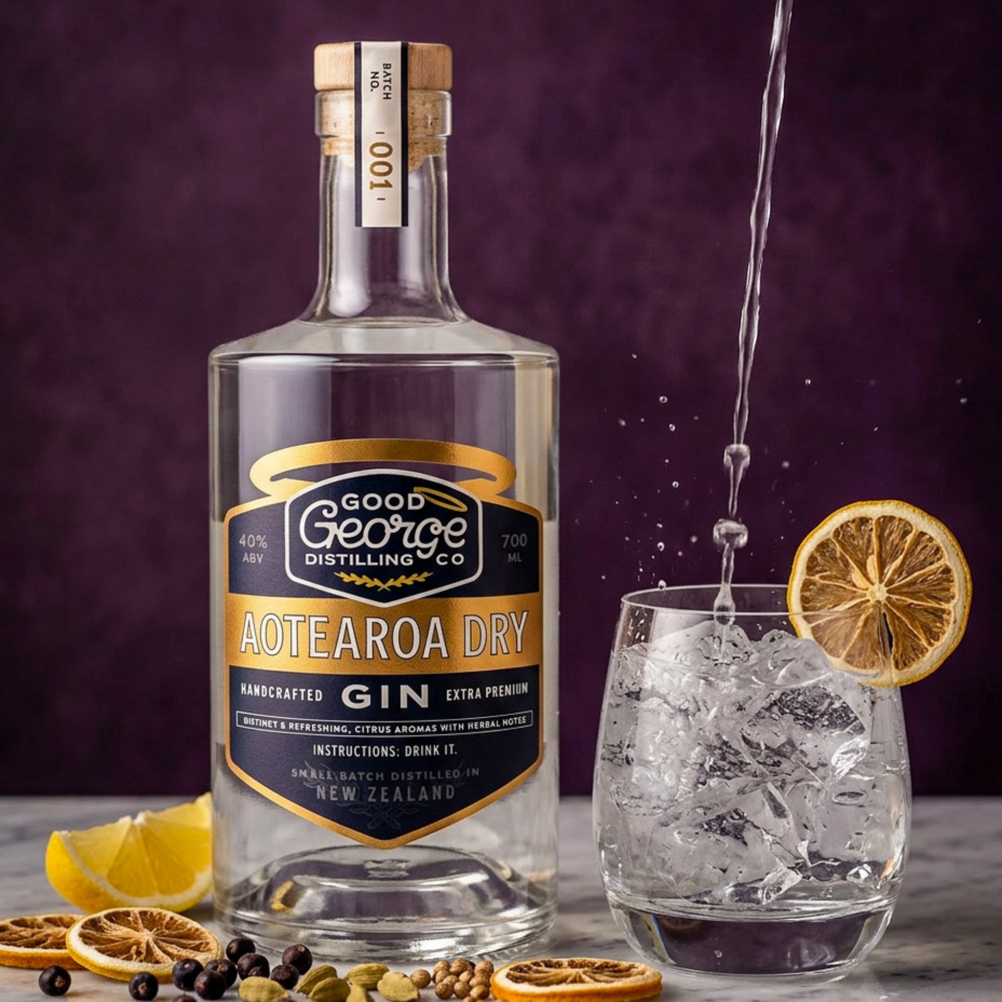 Good George Distilling Co. Aotearoa Dry Gin bottle with a glass of gin and tonic on a purple background