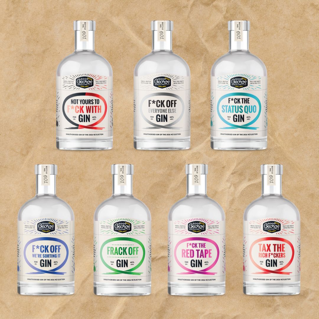 Seven clear glass gin bottles with white labels and silver caps arranged in two rows on a textured tan background. The labels feature bold black text and colorful accents in red, blue, green, and pink, with slogans such as 'F*CK OFF EVERYONE ELSE GIN' and 'F*CK THE STATUS QUO GIN'.