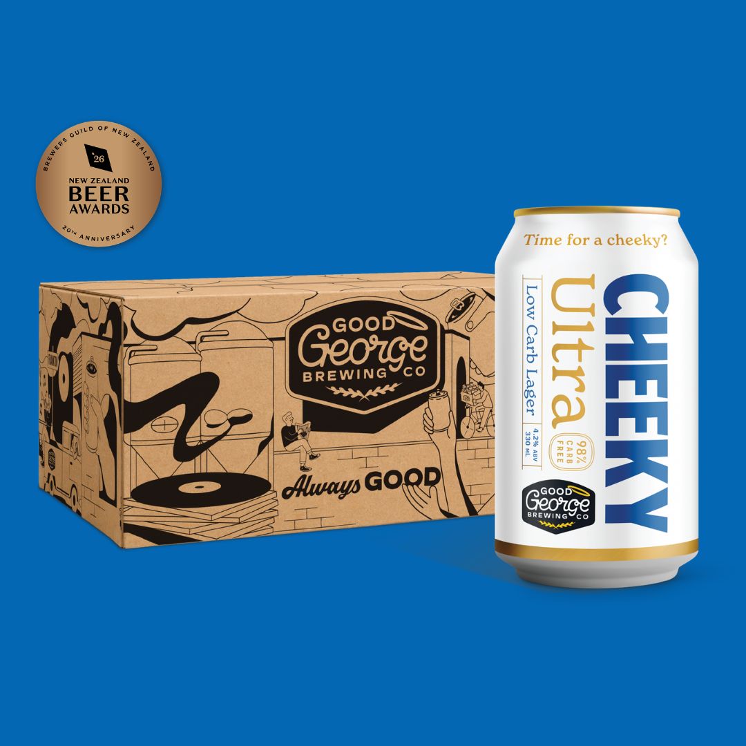 A can of Good George Brewing Co. CHEEKY Ultra low carb lager next to its illustrated cardboard box, with a Gold Medal Best of Beer Awards seal on a solid blue background.