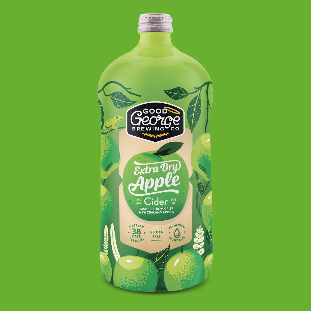 A bottle of Extra Dry Apple Cider with a label featuring illustrations of green apples and leaves, set against a green background.