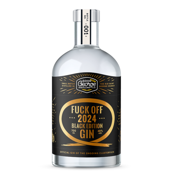 Fuck off 2024 Black Edition Gin Bottle on a clear background