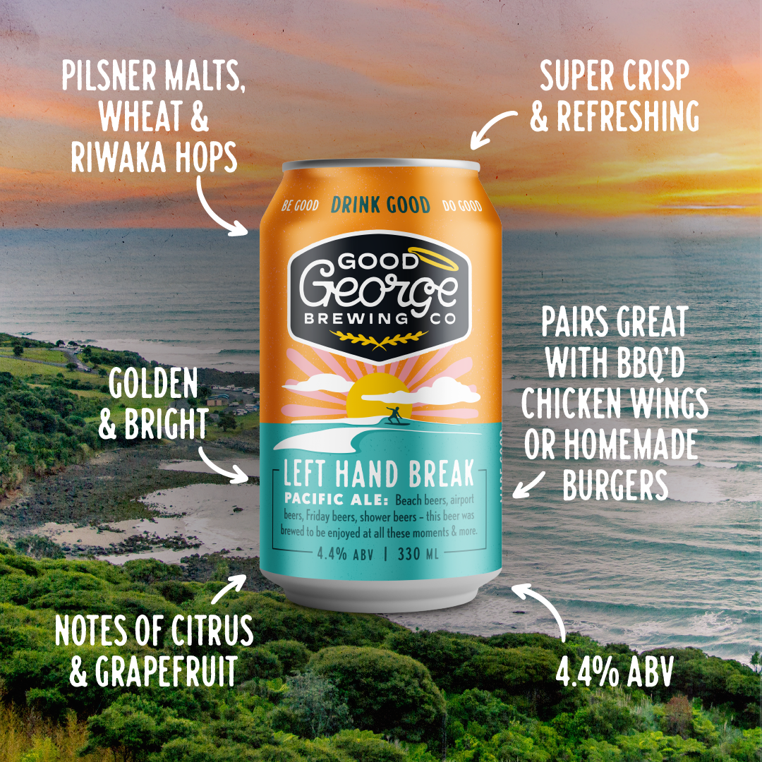 A can of Good George Brewing Co's Left Hand Break Pacific Ale in front of Raglan beach, with how we made the beer and what it is.