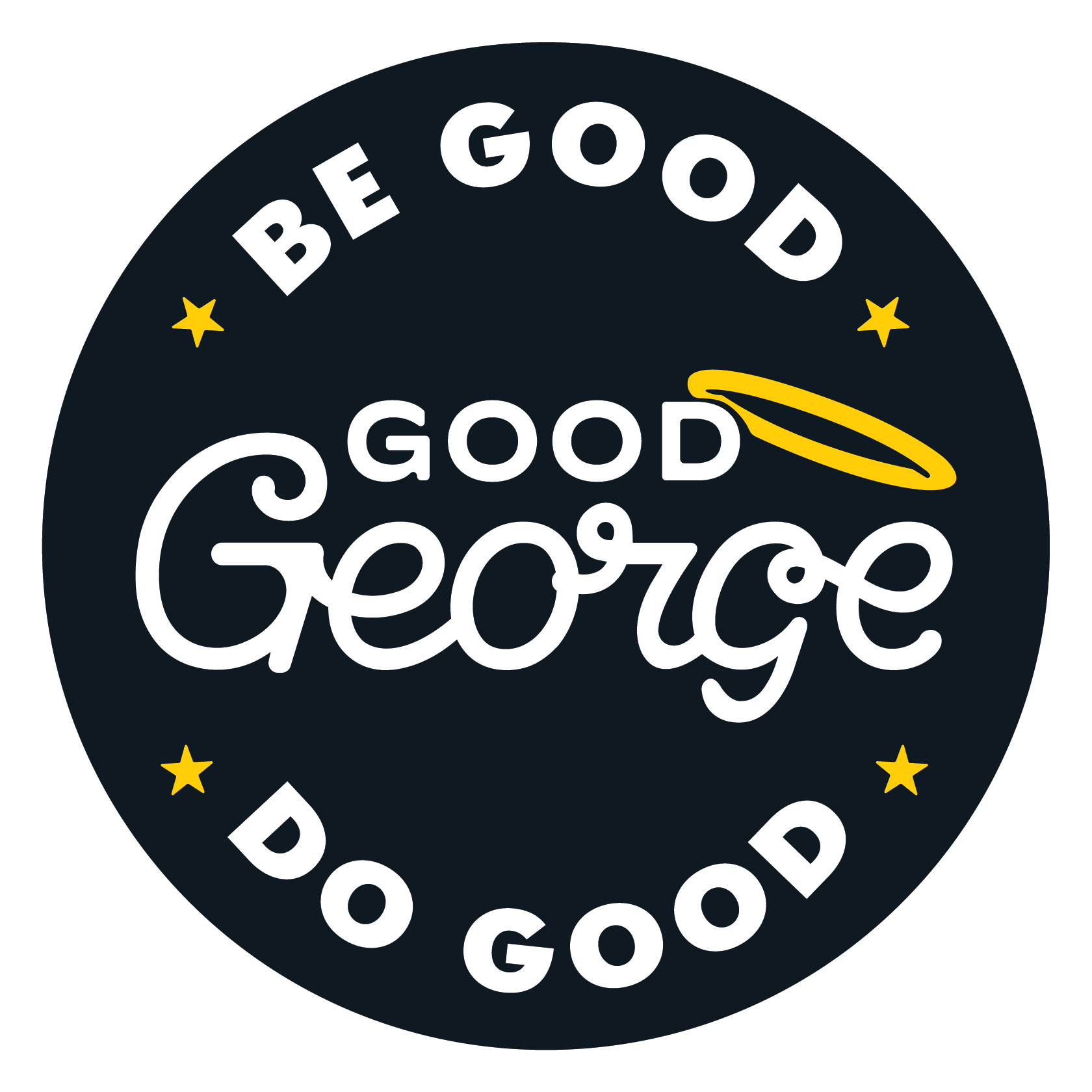 Circular logo with 'Good George' text and a yellow halo on a black background