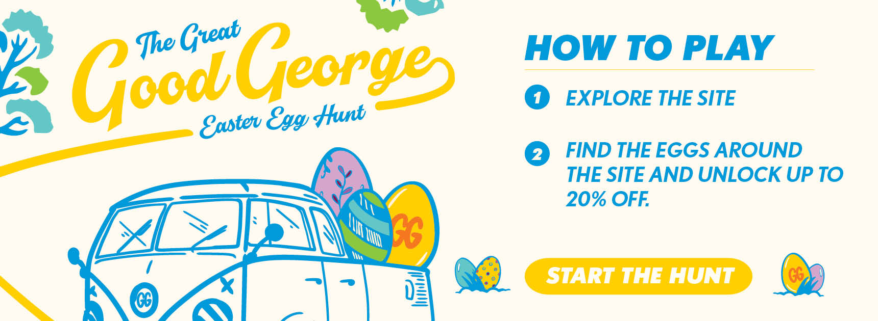 Promotional graphic for 'The Great Good George Easter Egg Hunt' with a van and text on a white background.