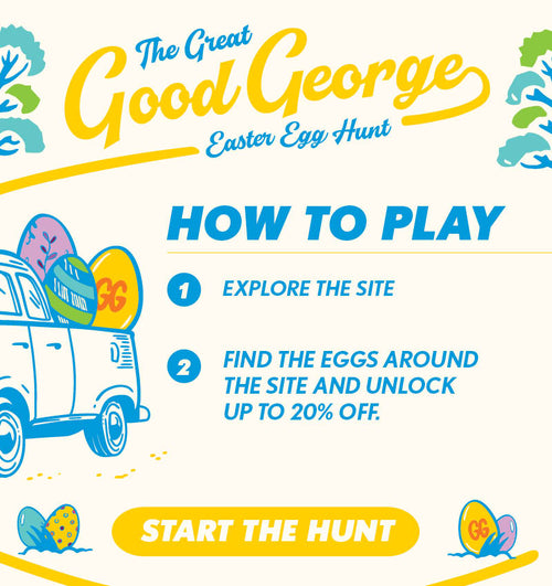 Instructions for 'The Great Good George Easter Egg Hunt' with a truck and eggs on a white background.