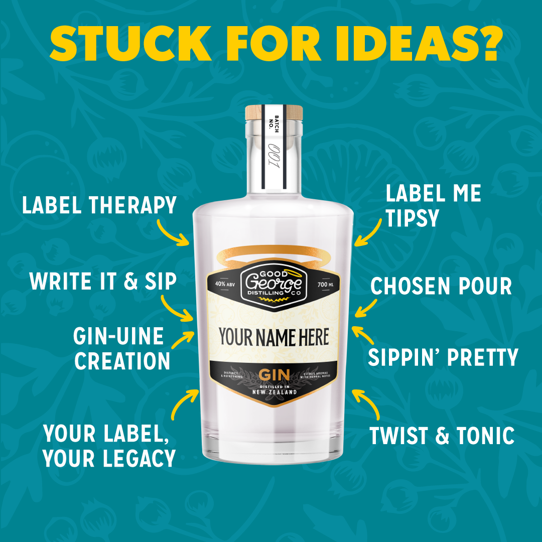 Bottle of dry gin with customizable label options on a blue background