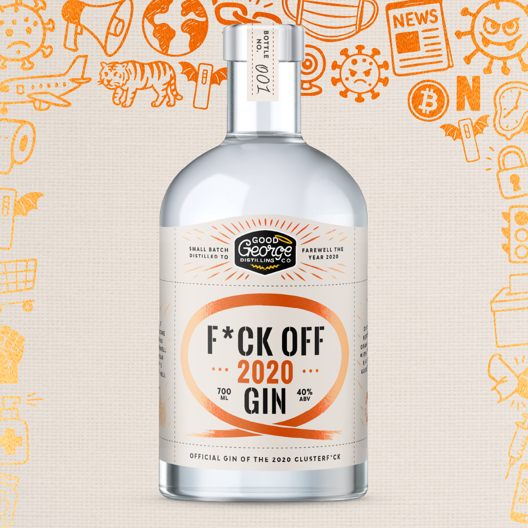 Bottle of 'F*ck Off 2020 Gin' with a colorful background of icons.