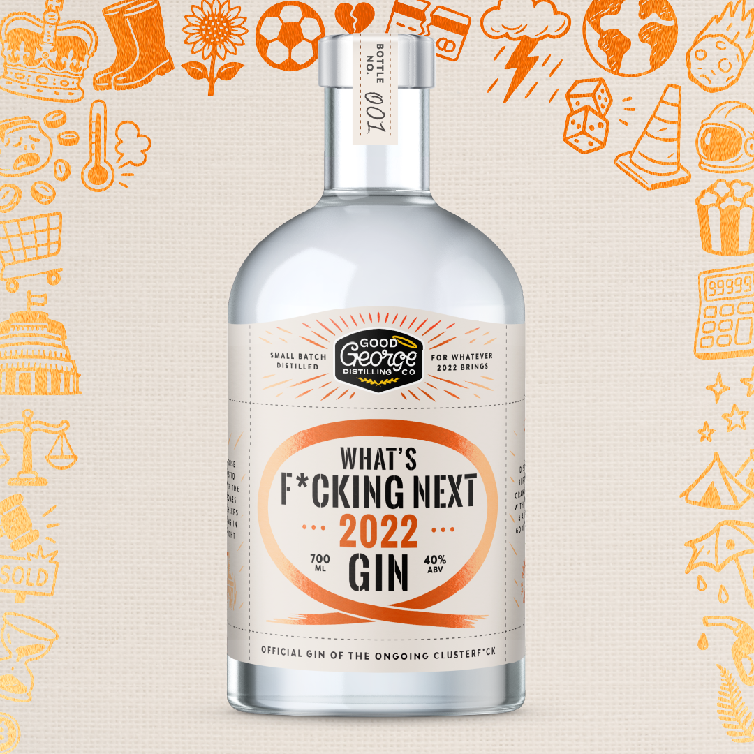 Bottle of Good George 'What's F*cking Next 2022 Gin' with a colorful background