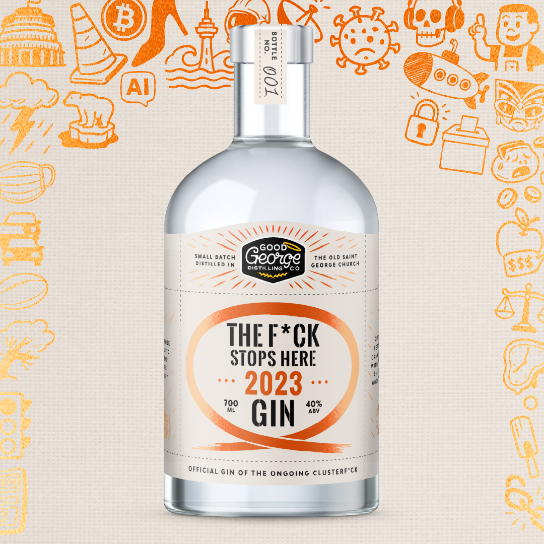 Bottle of Good George Gin with a humorous label on a background with various icons.