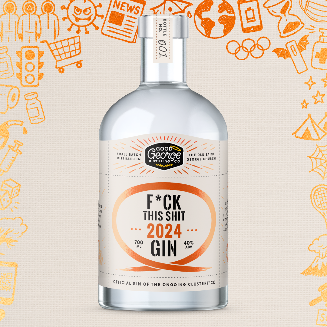 Bottle of Good George Gin with a humorous label on a background with various icons.
