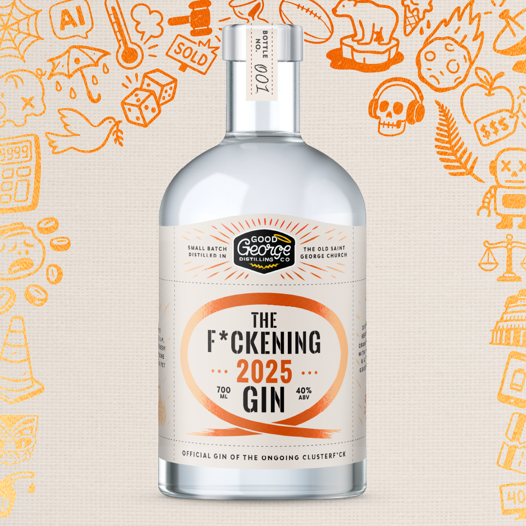 Bottle of 'The F*ckening 2025 Gin' with a stylized background featuring various illustrations.