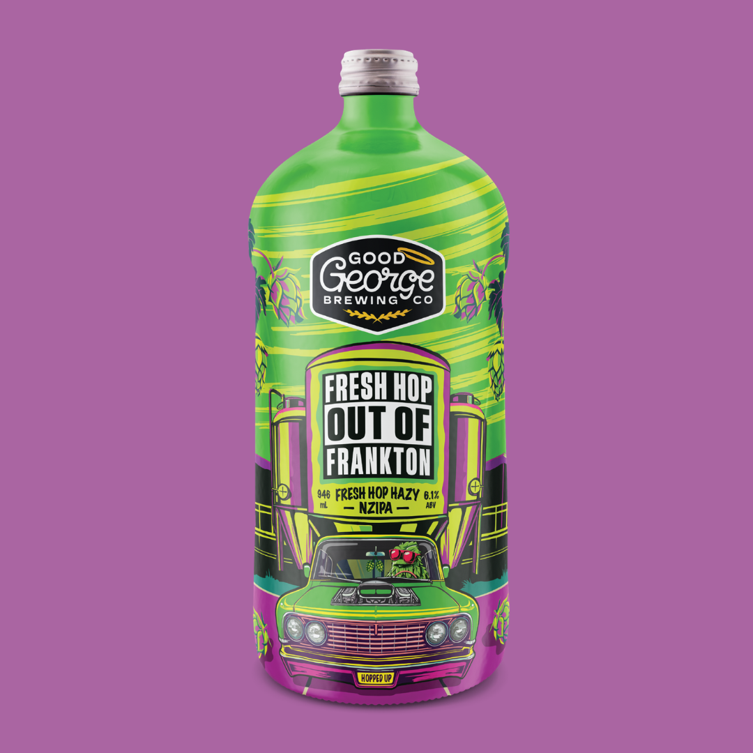 Green bottle with colorful label featuring 'Good George Brewing Co' on a purple background