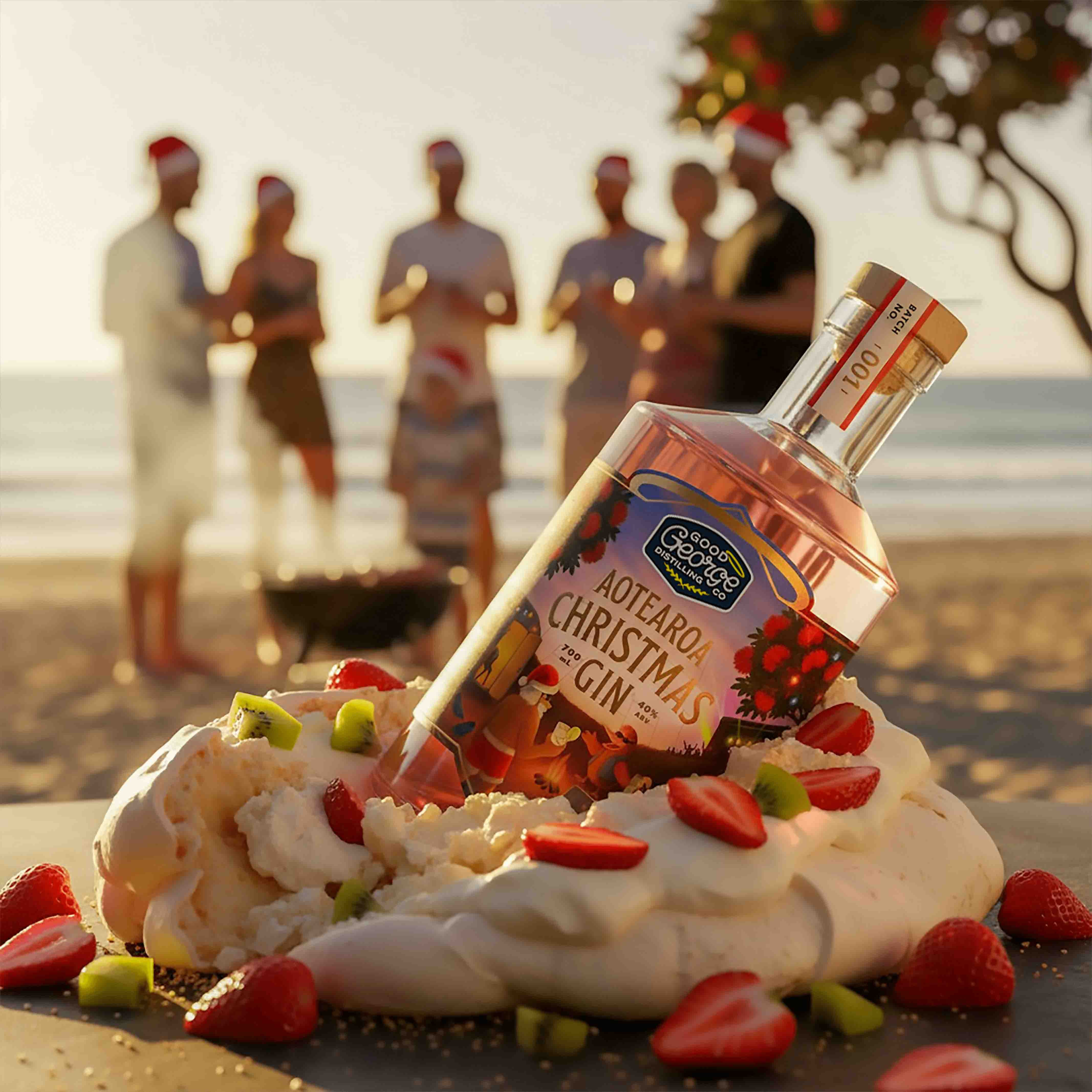 A bottle of Aotearoa Christmas Gin being poured into a pavlova with strawberries on a beach.