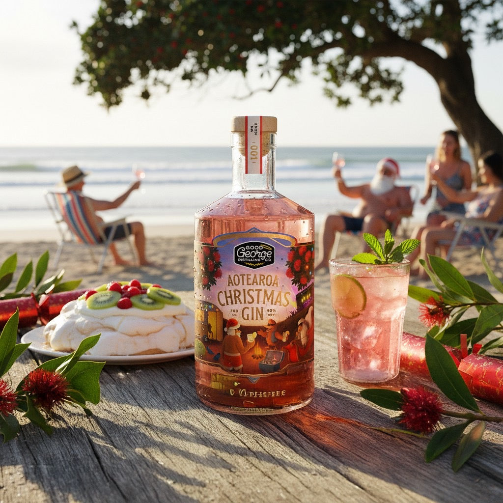A bottle of Aotearoa Christmas Gin on a beach setting with people in the background.