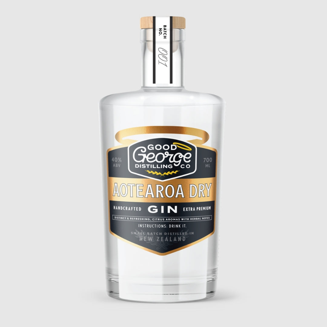 A bottle of Aotearoa Dry Gin by Good George Distilling Co. with a label that includes the product name and the phrase 'crafted in new zealand'.