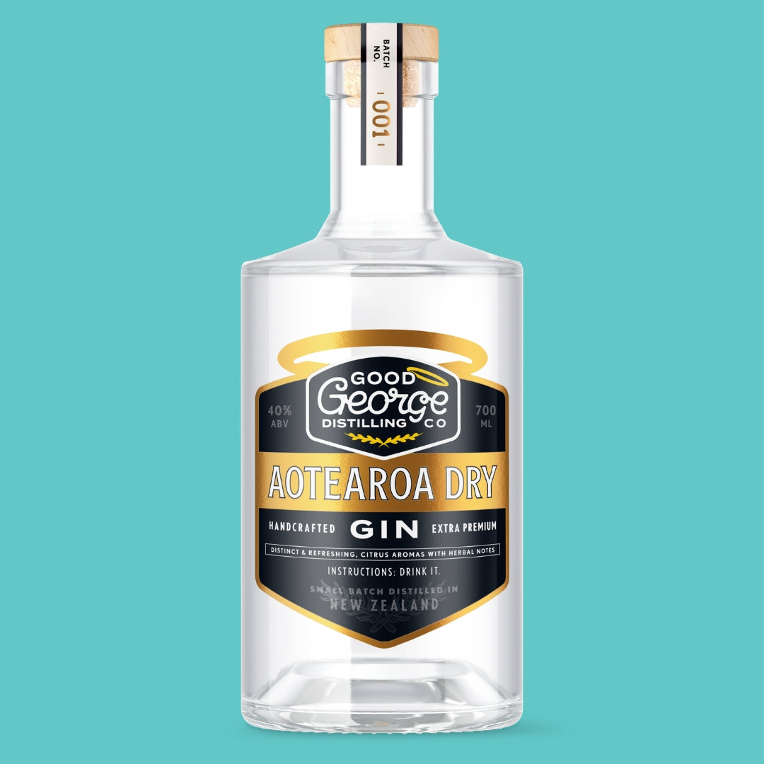 Bottle of Good George Distilling Co. Aotearoa Dry Gin on a teal background