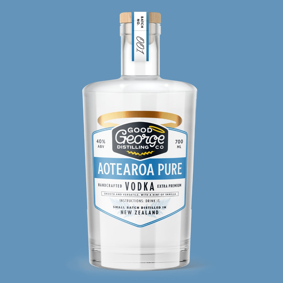 A bottle of Aotearoa Pure Vodka by Good George Distilling Co. with a white label and gold accents on a blue background.
