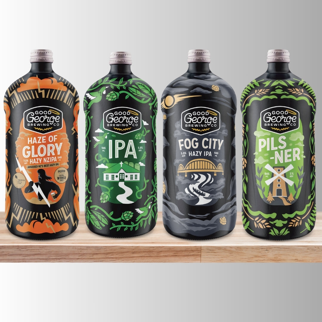 A lineup of four beer bottles from Good George's Awesome Foursome Beer Pack, featuring designs for each individual beer variety.
