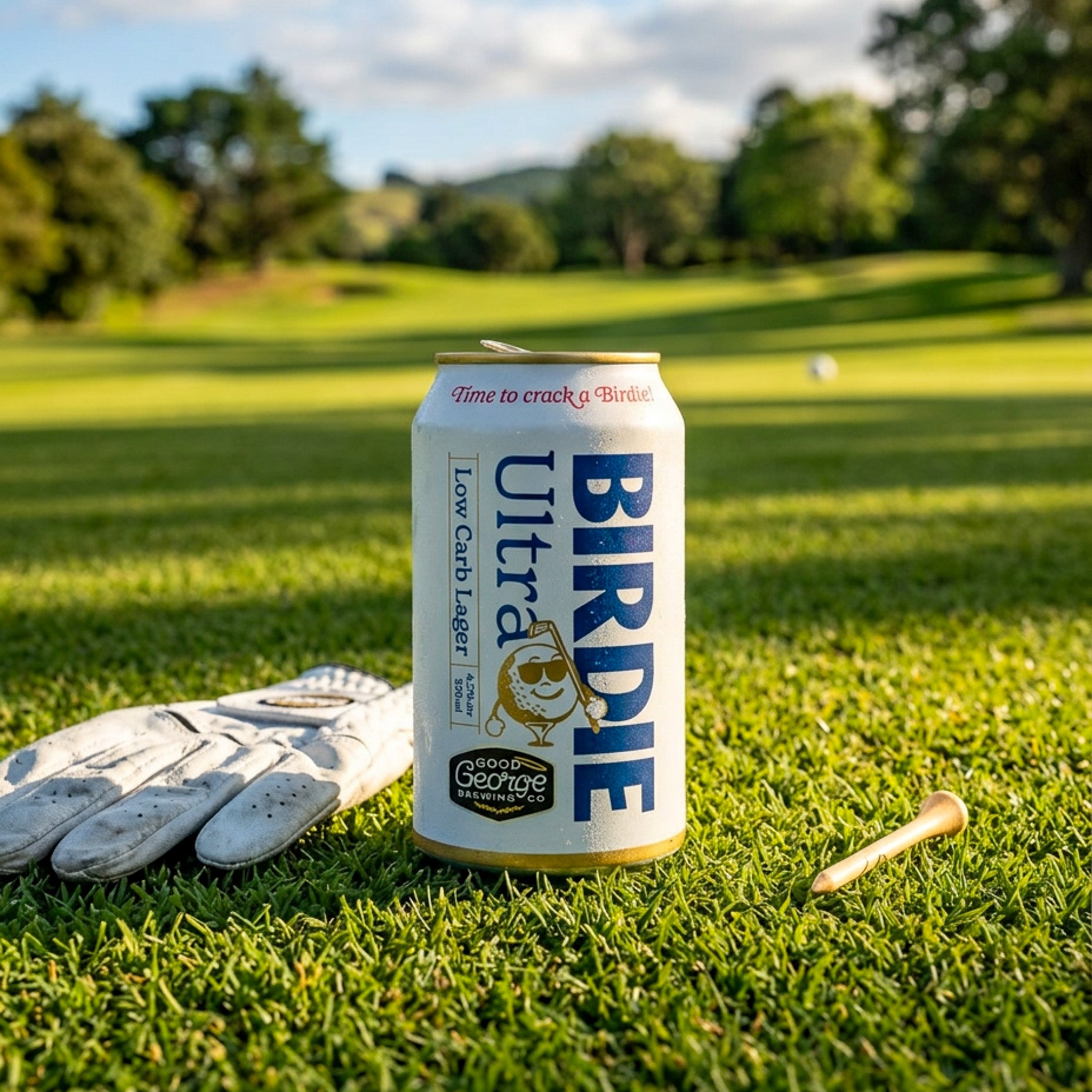 Can of Birdie Ultra Low Carb Lager on a golf course with a glove and tee in the foreground.