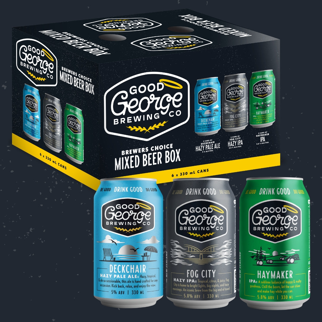 A 'Brewer's Choice Mixed Beer Box' from Good George Brewing with three types of beer cans displayed in front: Deckchair Hazy Pale Ale, Fog City Hazy IPA, and Haymaker IPA.