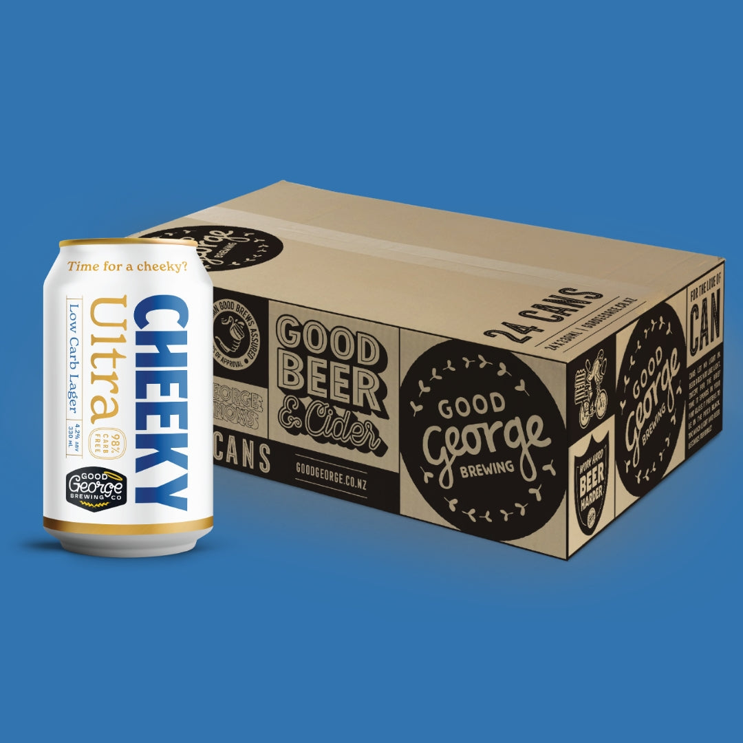 Cheeky Ultra can and Good George Brewing box on a blue background