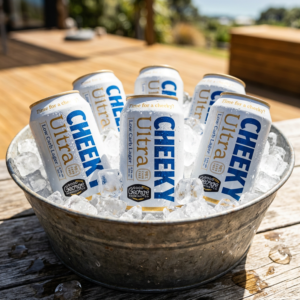 Cans of Cheeky Ultra on ice in a metal bowl outdoors