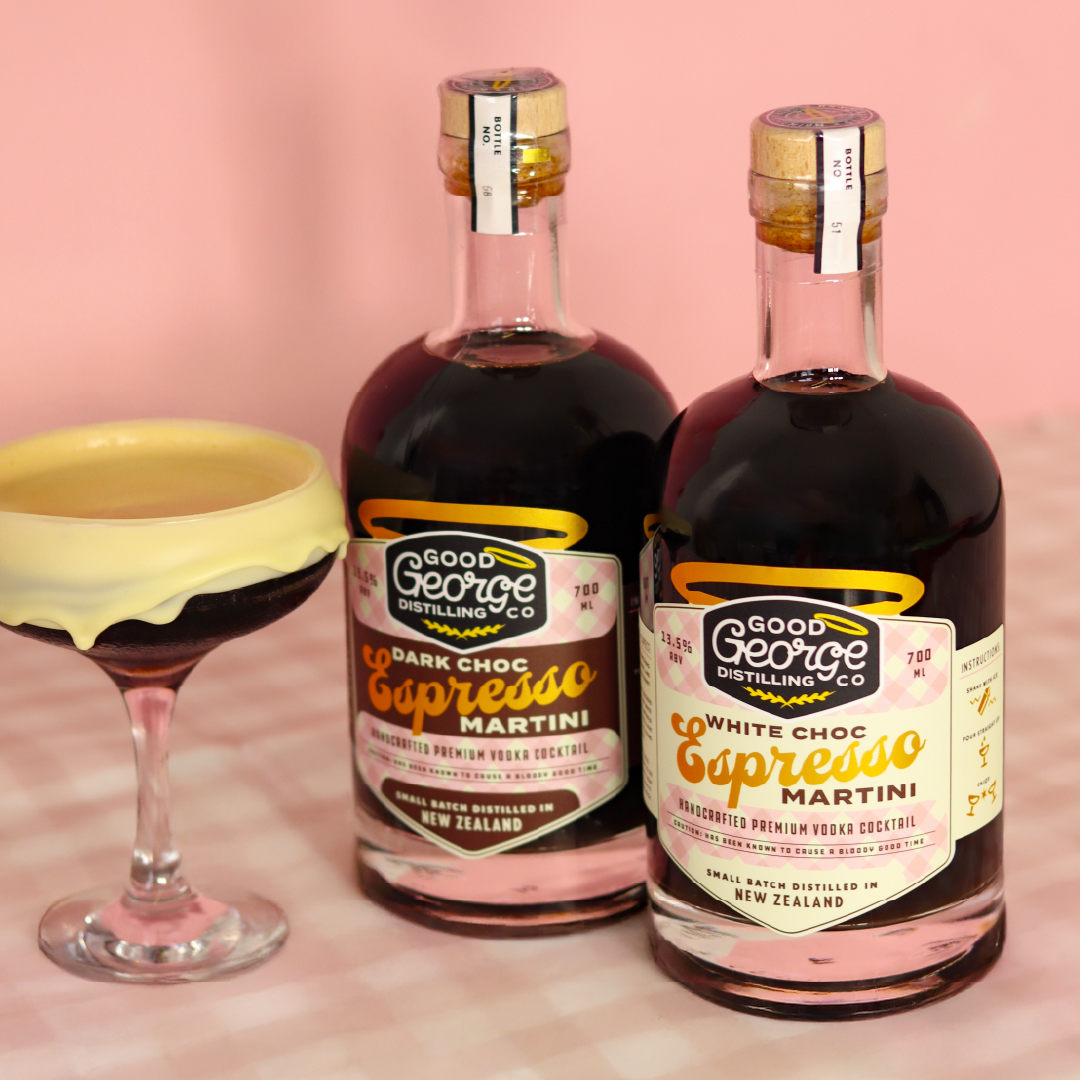 Good George Choc Espresso Pack with a choc martini next to it with a pink surrounding