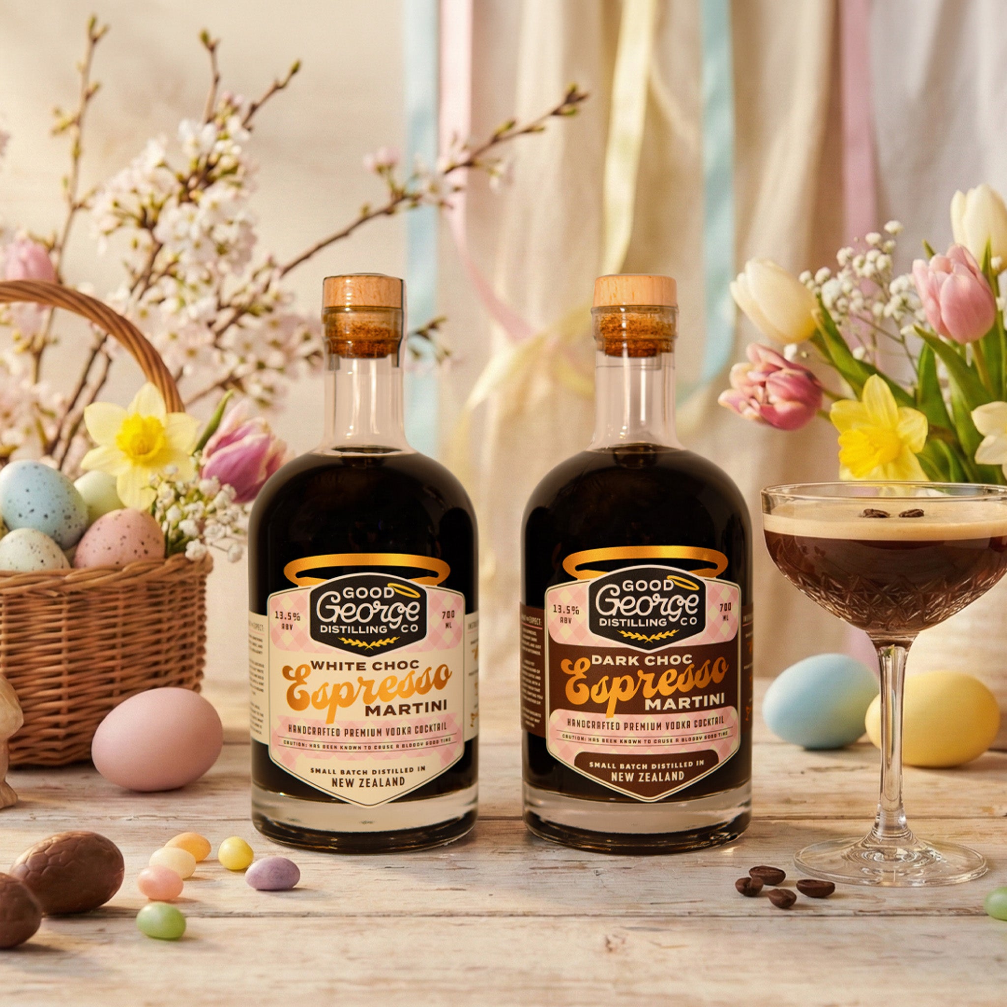 Two bottles of Goat George's Dark Choc Espresso Martini with Easter decorations in the background.