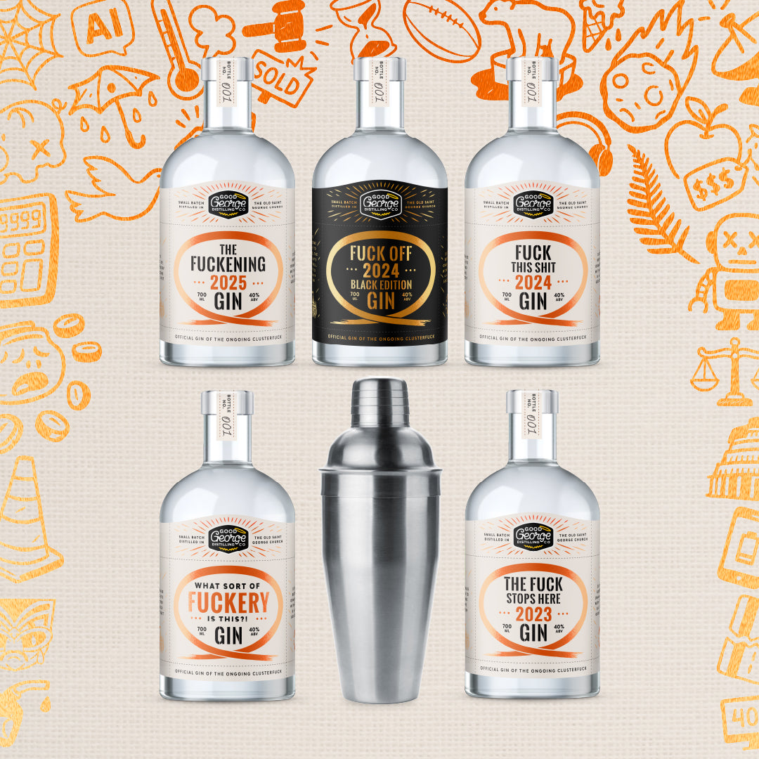 Five bottles of gin with humorous labels on a background with doodles.