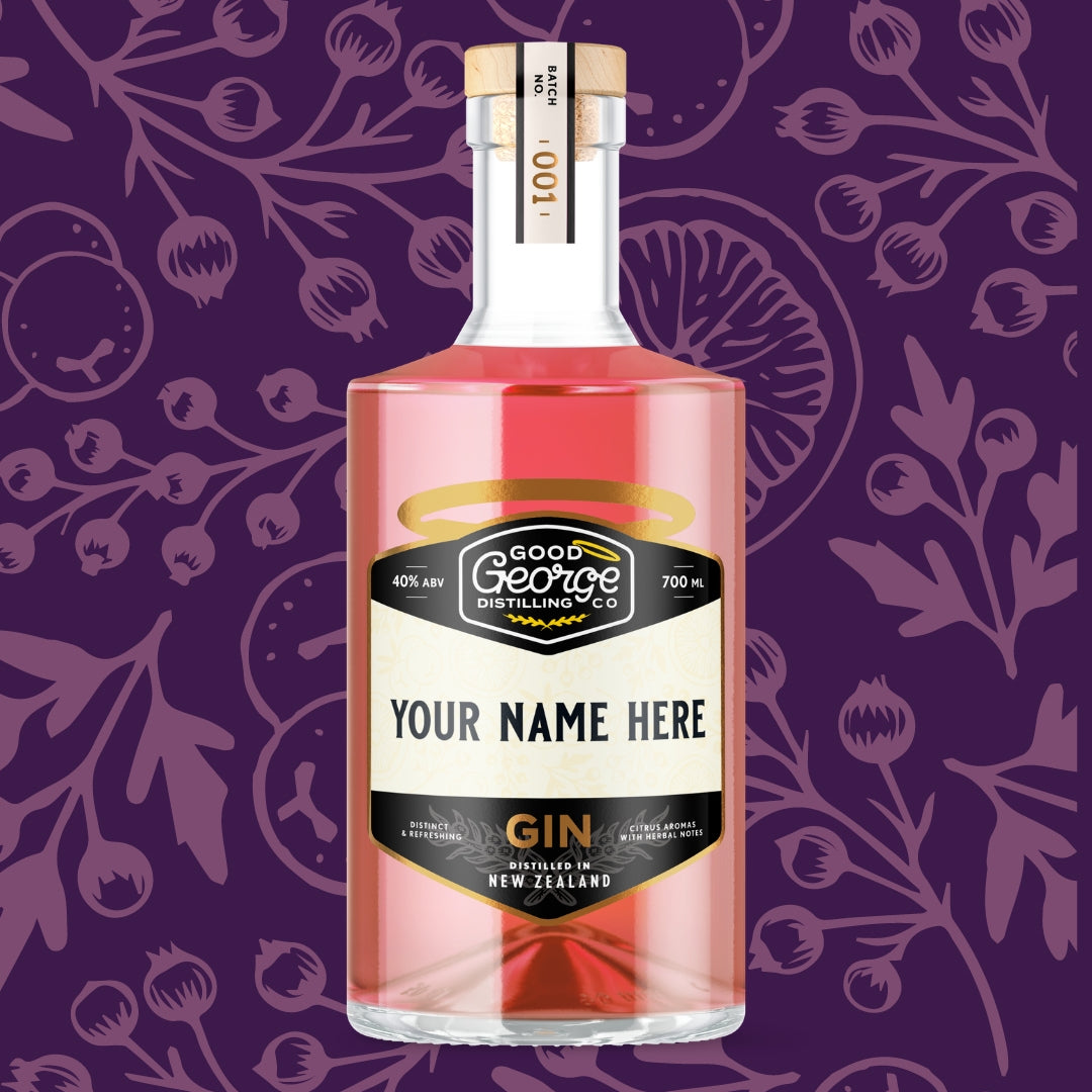 Bottle of gin with a customizable label on a purple floral background