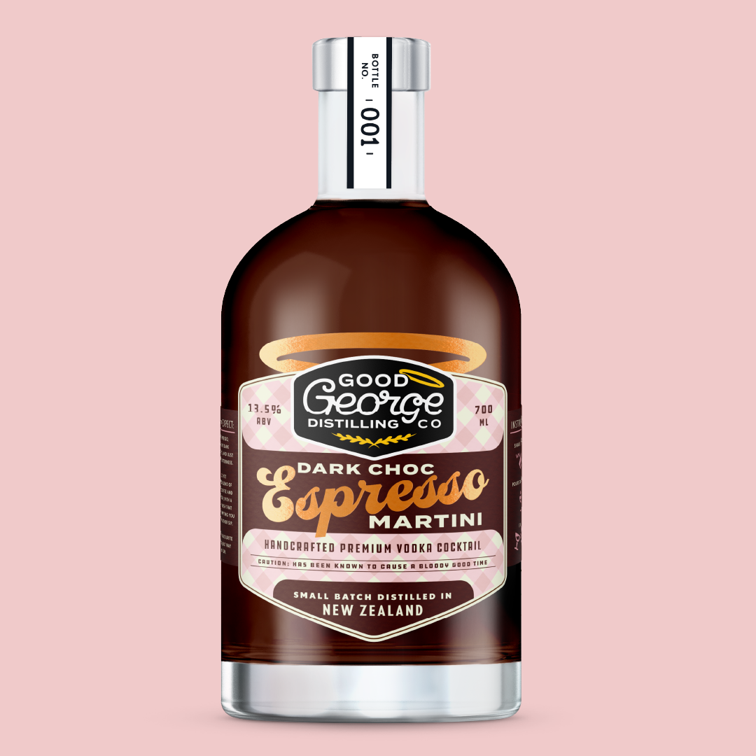 Bottle of Good George Distilling Co. Dark Choc Espresso Martini on a pink background