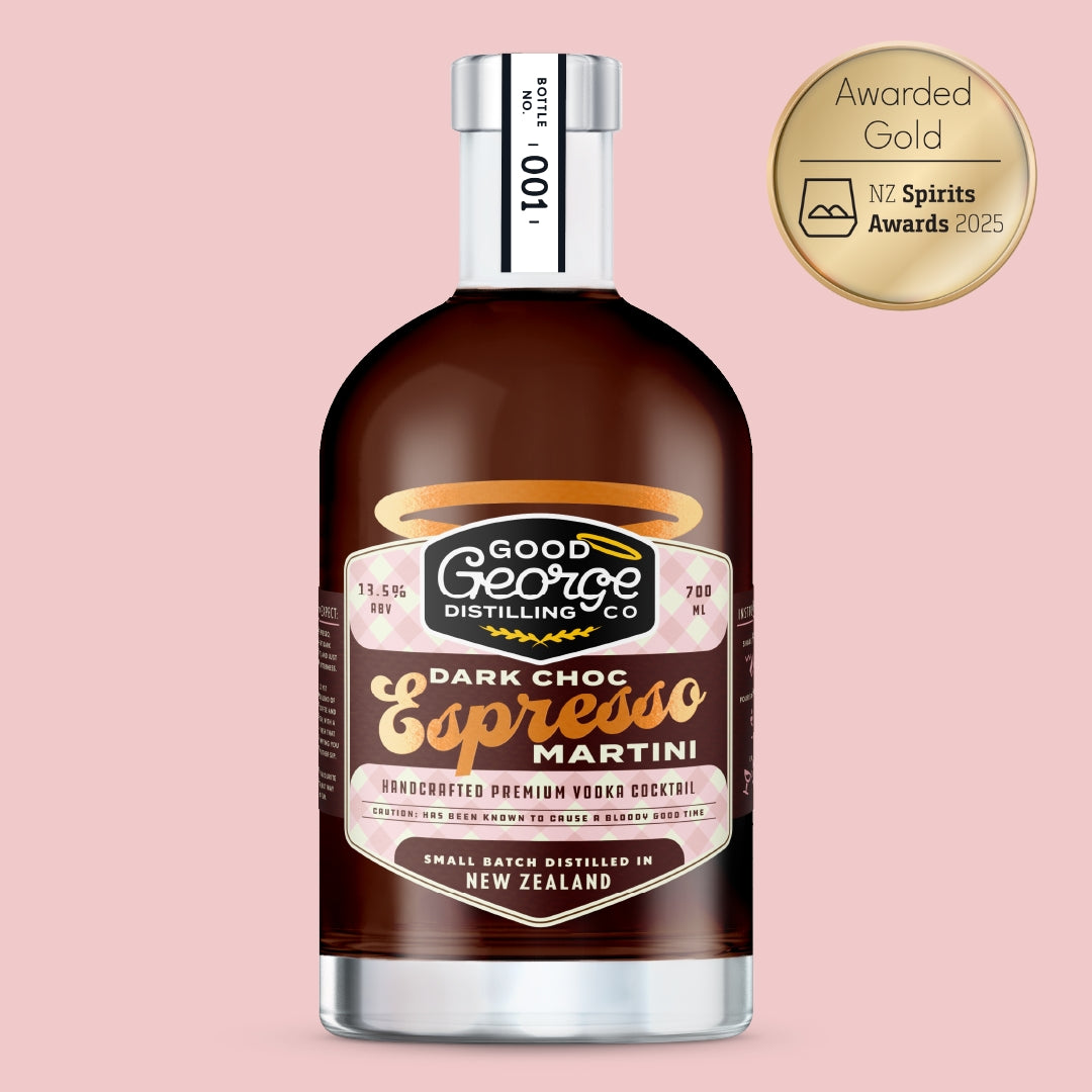 Bottle of Good George Distilling Co. Dark Choc Espresso Martini on a pink background with an award badge.