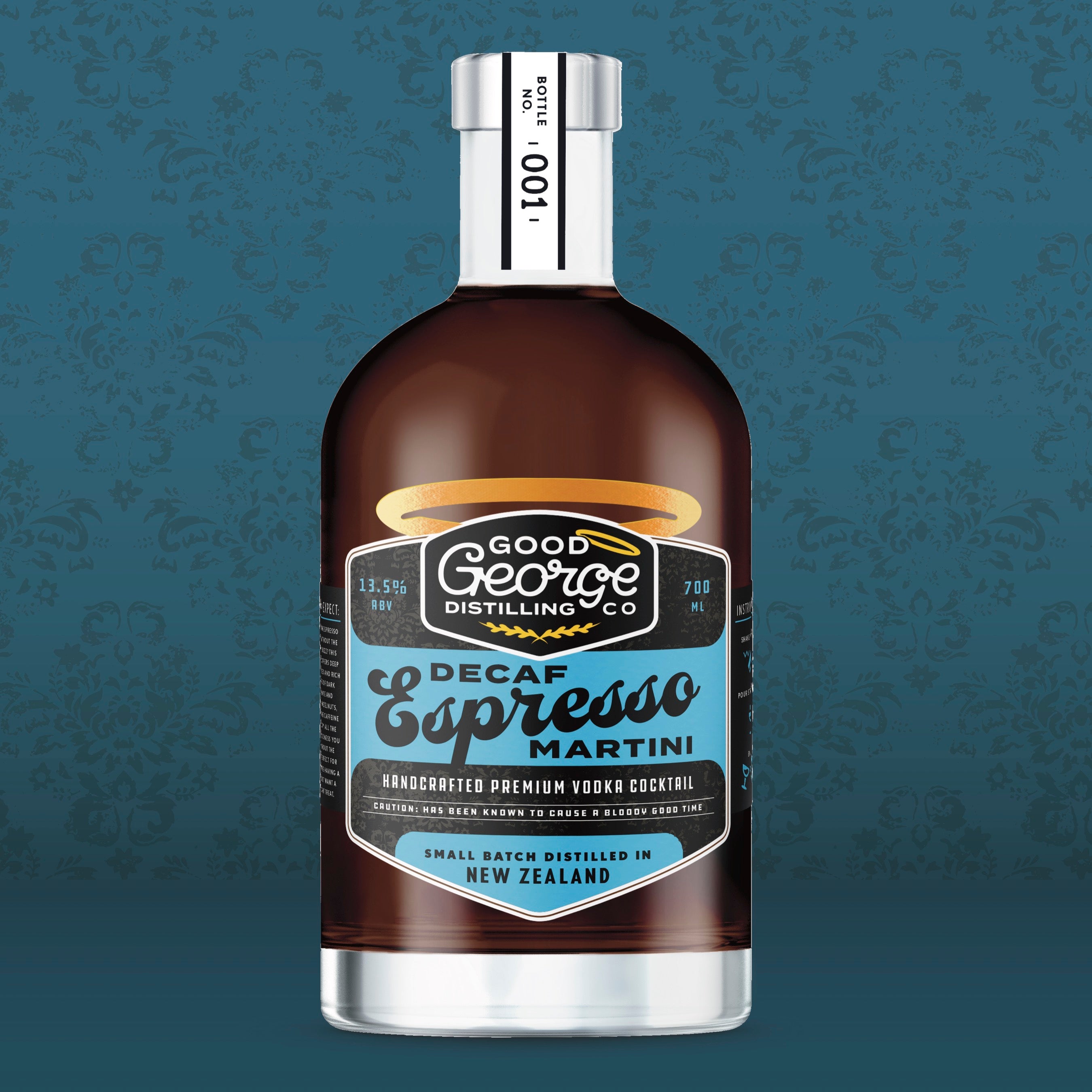 A bottle of Decaf Espresso Martini by Good George Distilling Co. with a label that includes the brand name and product description.