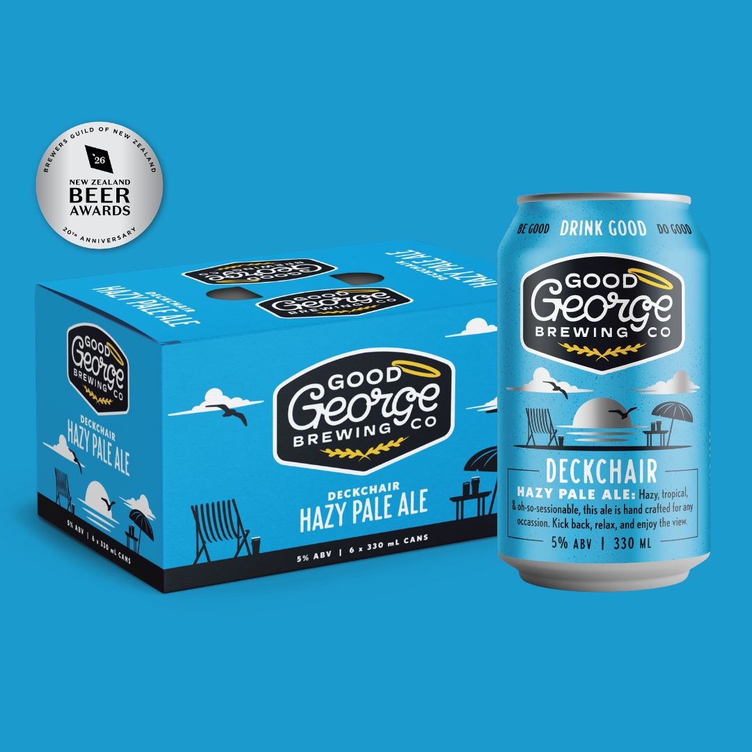 A 6-pack box and a single can of Good George Brewing Co. Deckchair Hazy Pale Ale on a solid blue background, with a Silverware 2026 Best Beer Awards seal in the top left corner.