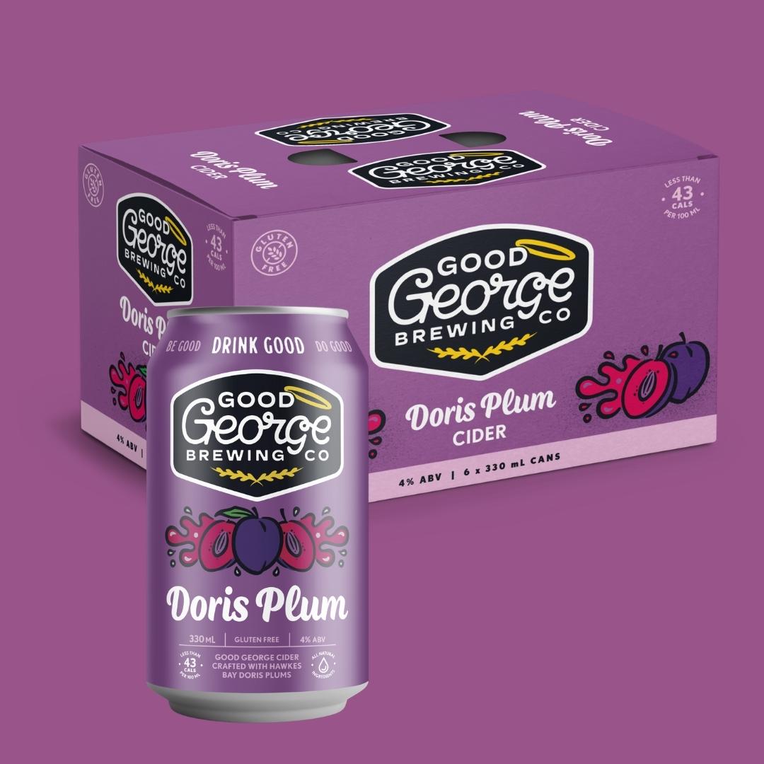 A product image featuring Doris Plum cider cans and packaging with branding and plum graphics on a purple background.