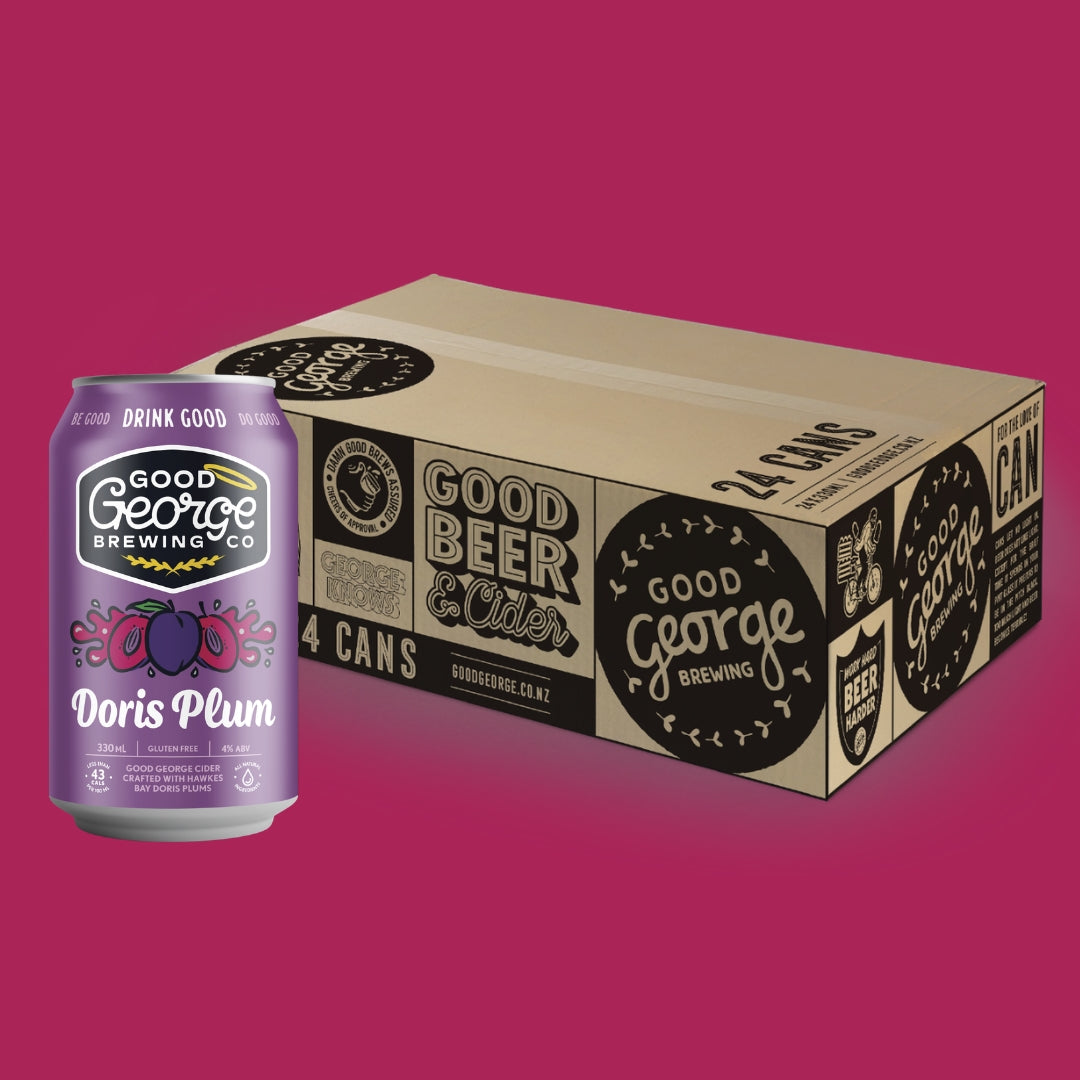 Good George Brewing Co Doris Plum Cider 330ml gluten-free can displayed beside a branded Good George 24-can case on a purple background.