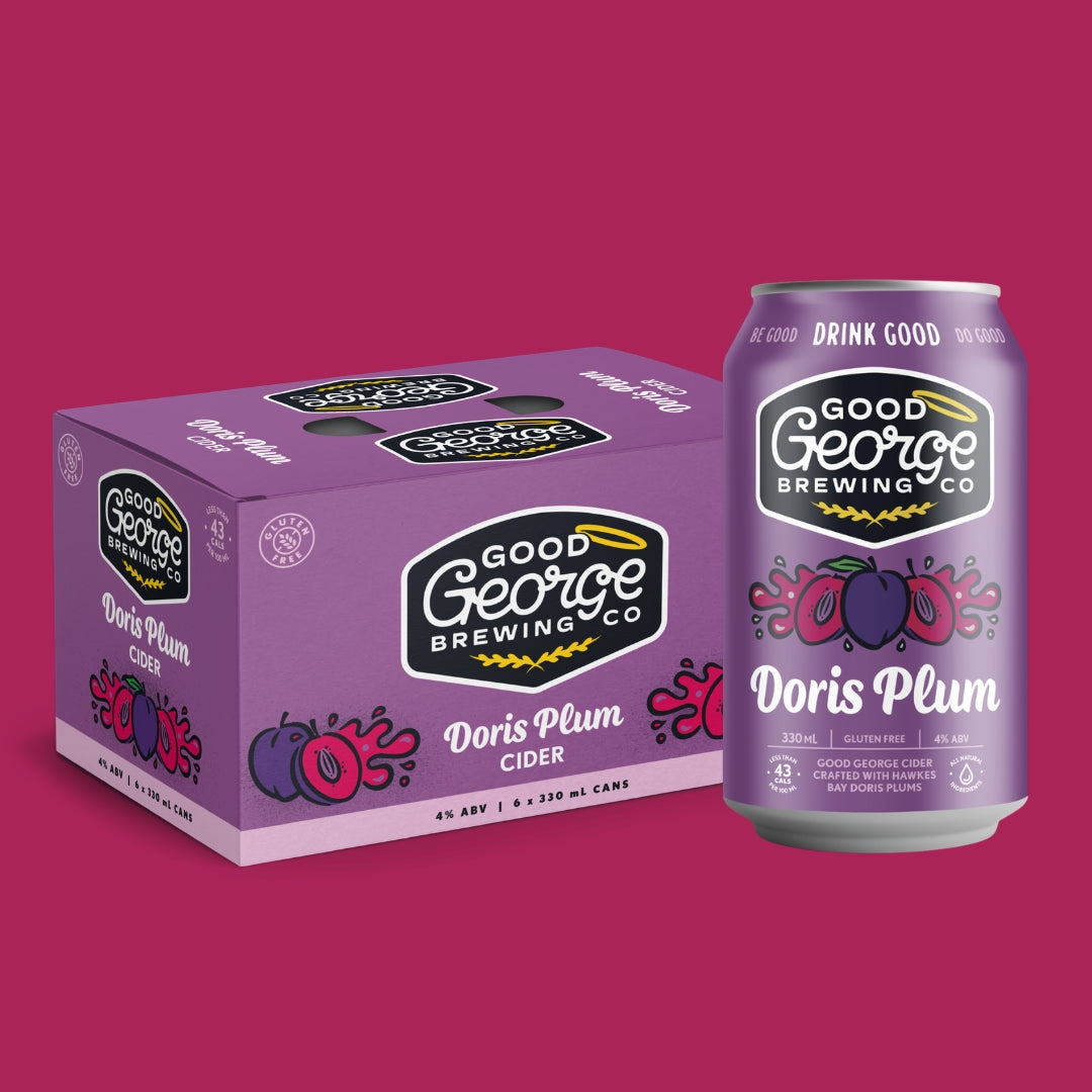 Good George Brewing Co Doris Plum Cider 6-pack — a single 330ml gluten-free can displayed in front of the purple branded box, showing plum illustrations and 4% ABV, on a purple background.