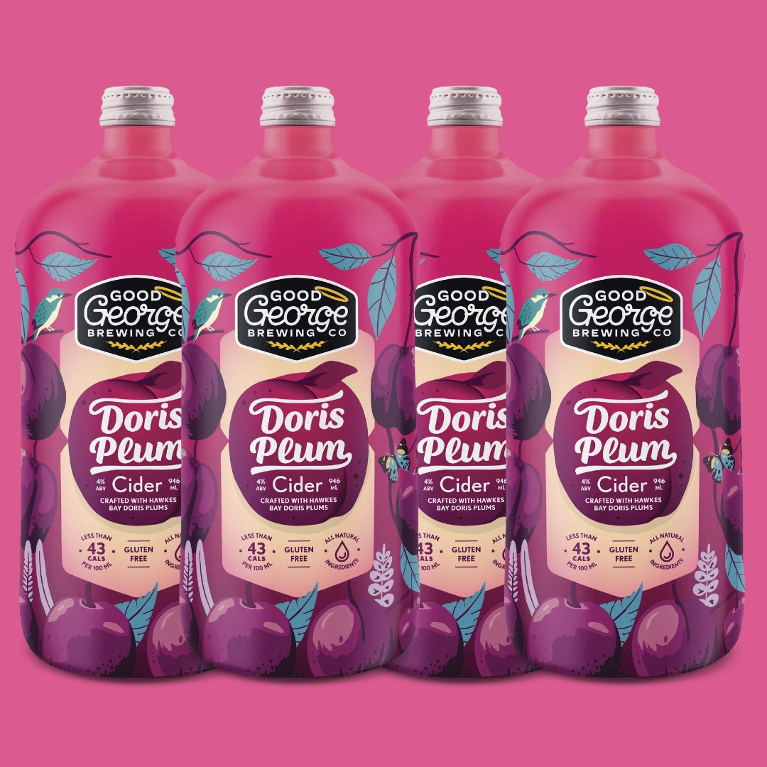 4 bottles of Doris Plum Cider with a magenta label featuring illustrations of plums and leaves, text detailing the cider brand and variety.