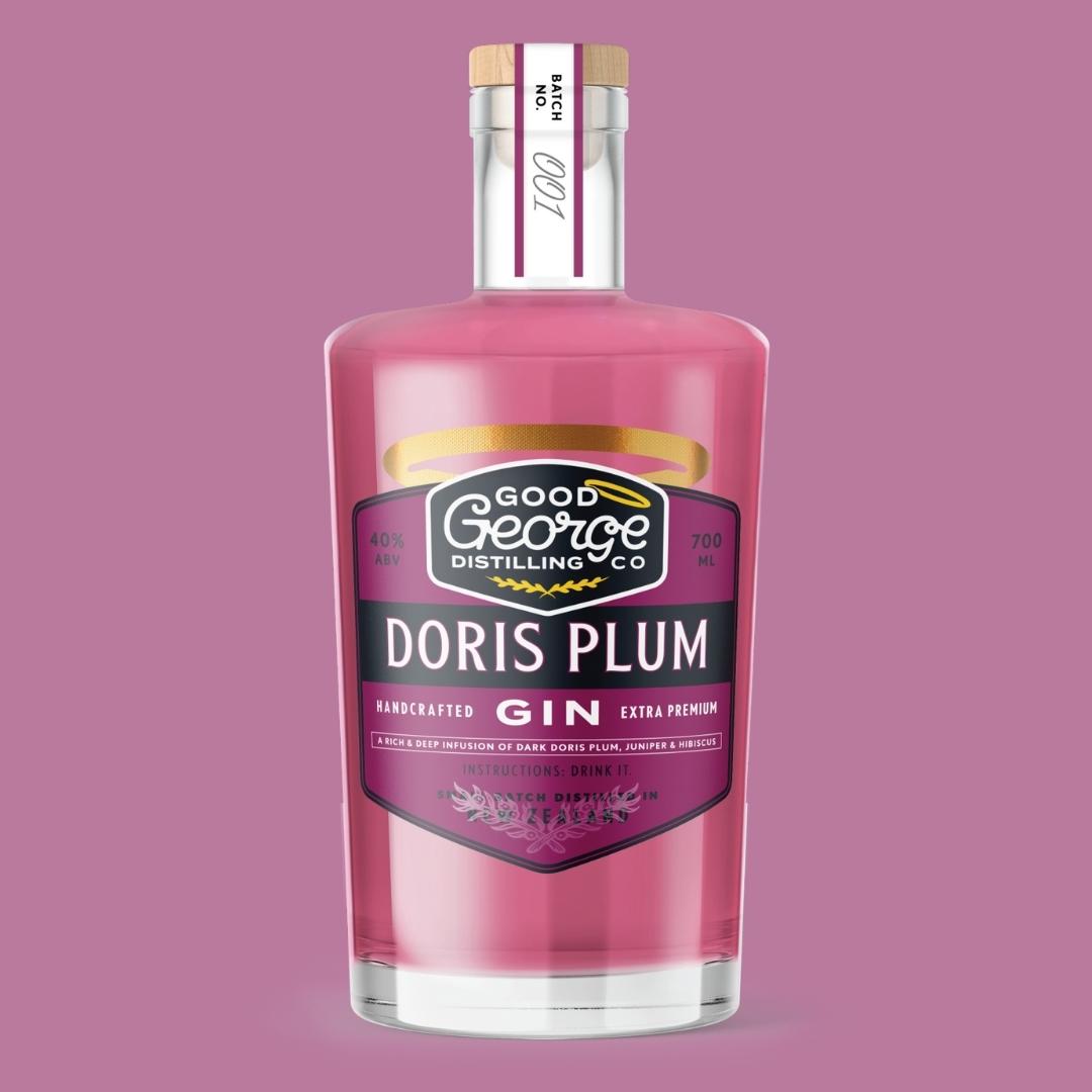 A bottle of Doris Plum Gin with a pink label and liquid, set against a purple background.