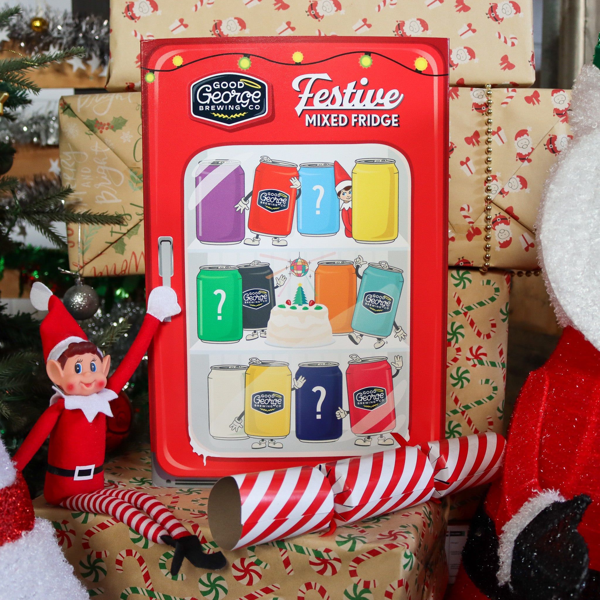 Festive mixed fridge with Christmas-themed packaging and elves around it.