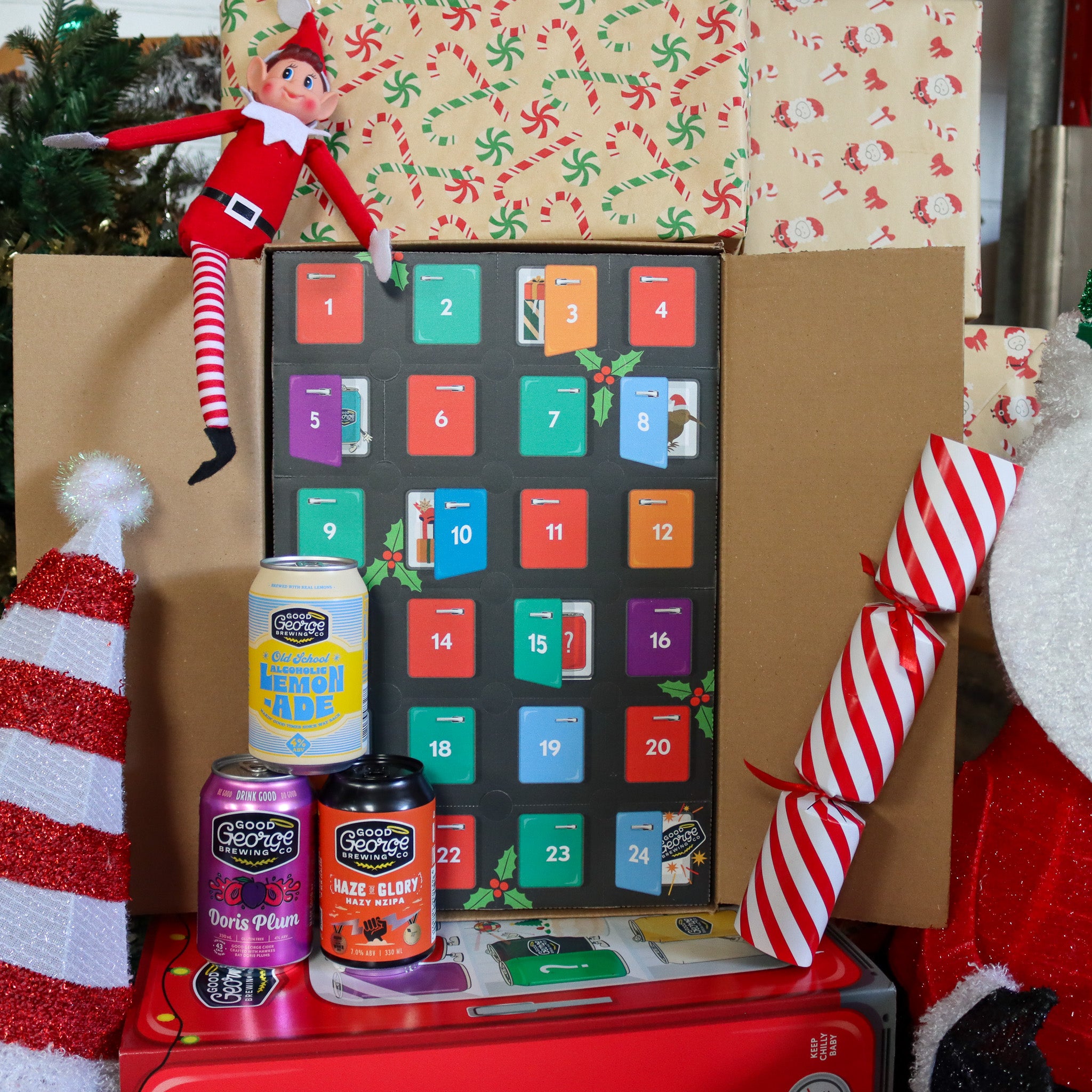 Advent calendar with beer cans and Christmas decorations