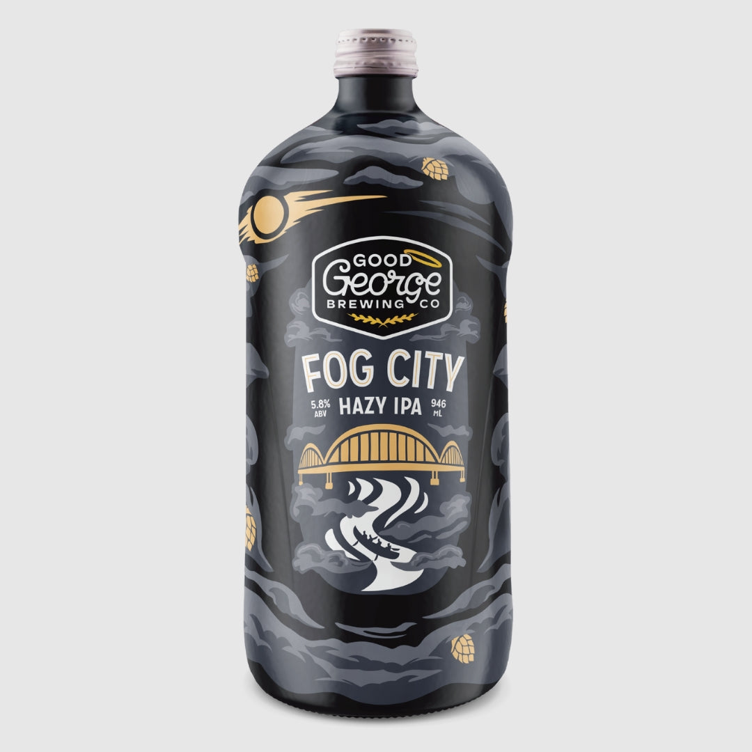 A bottle of Fog City Hazy IPA with a label featuring a bridge and steam, indicating a connection to Hamilton, New Zealand.