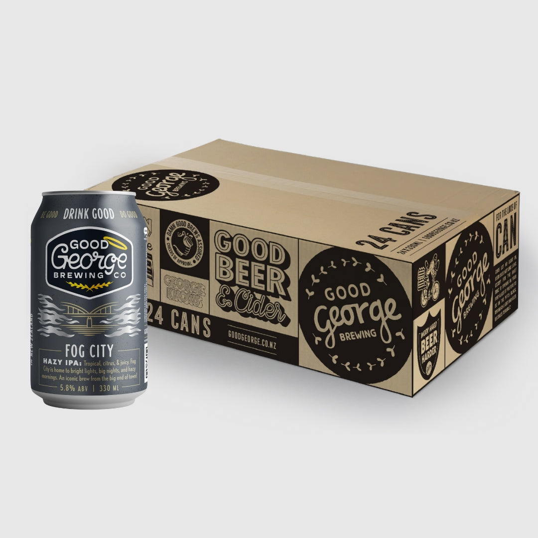 A can of Fog City Hazy IPA by Good George Brewing Co. with the text 'DRINK GOOD BEER' on the top, and the product description below.