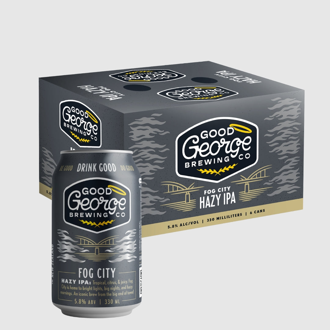 A can of Fog City Hazy IPA by Good George Brewing Co. with the text 'DRINK GOOD BEER' on the top, and the product description below.
