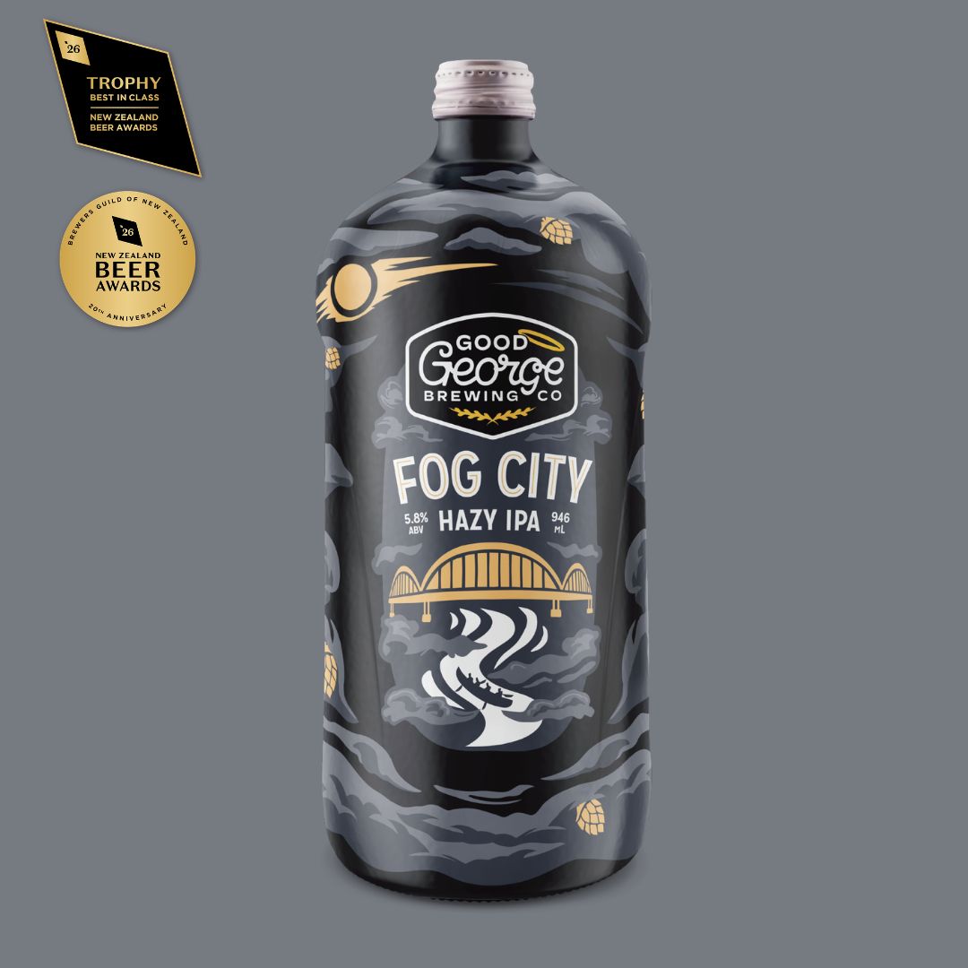 A bottle of Good George Brewing Co Fog City Hazy IPA against a solid gray background, featuring a black label with gold and white graphics and award badges on the left.
