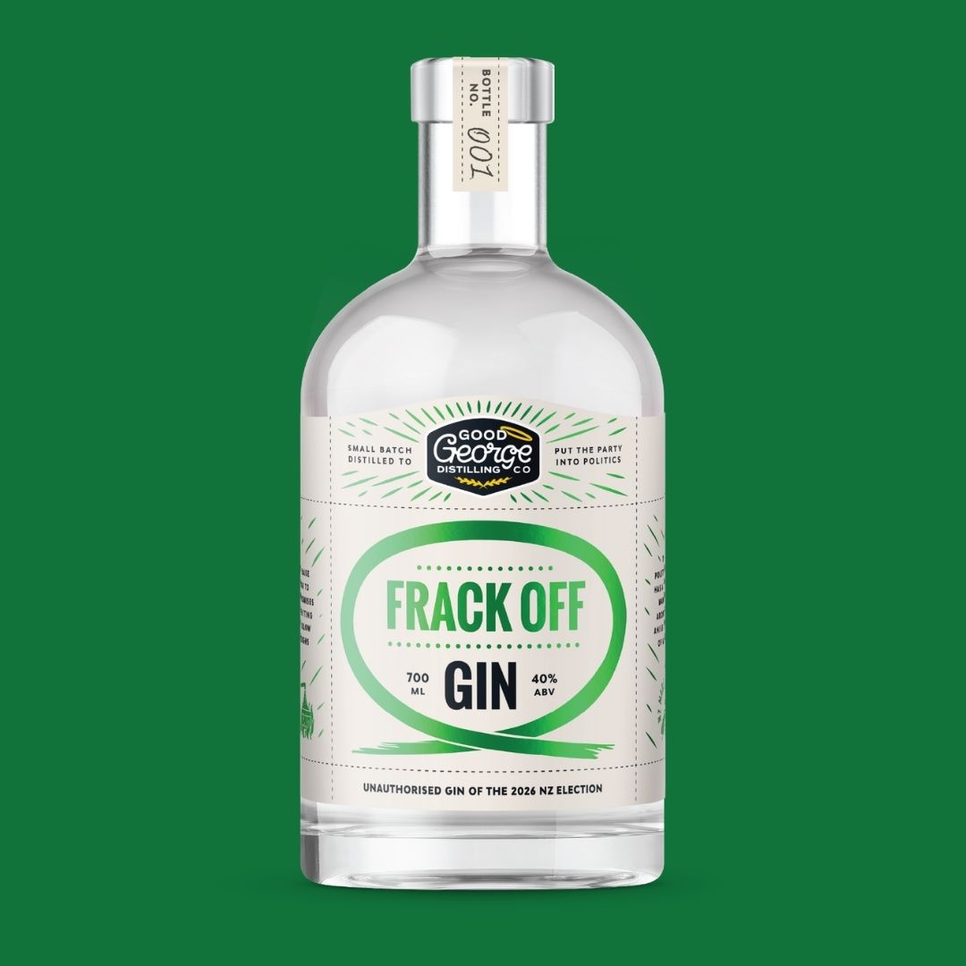 A 700ml clear glass bottle of Good George's Frack Off Gin, featuring a white label with green and black text, set against a solid green background.