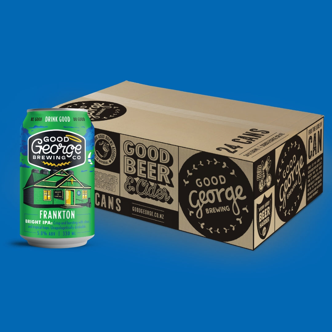 Good George Brewing Co can and 24-can box on a blue background