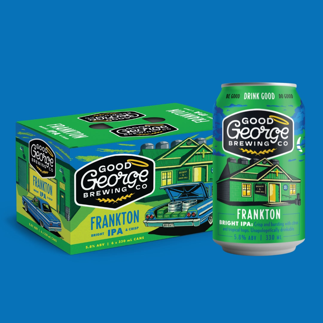 A 6-pack cardboard case and a single aluminum can of Good George Brewing Co. Frankton Bright IPA on a solid blue background.