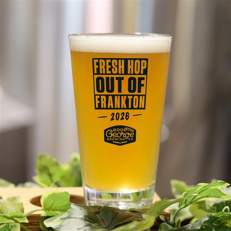 Pint of beer with 'Fresh Hop Out of Frankton 2026' text and Wood & George Brewing Co. logo.
