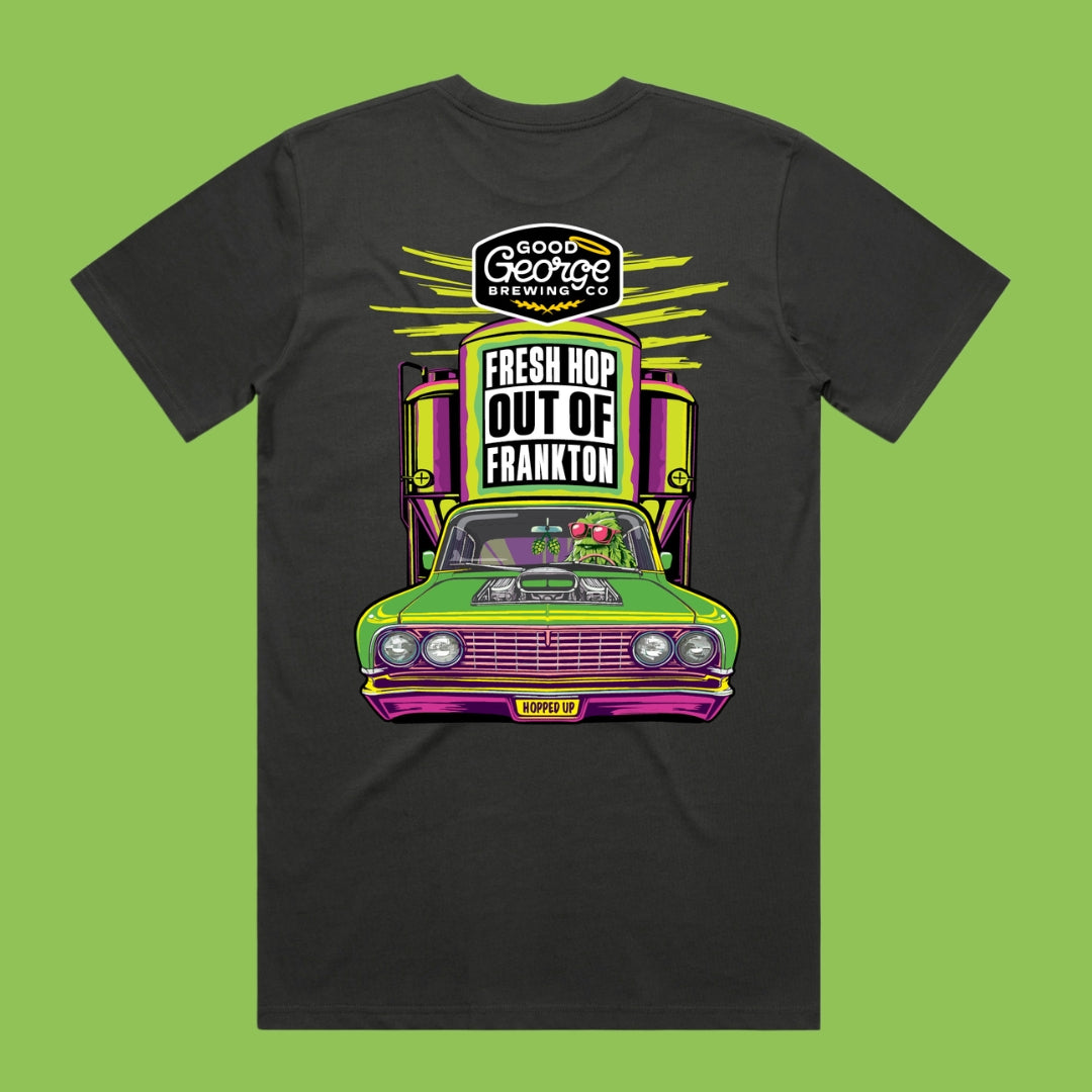 Grey t-shirt with a colourful graphic of a car and text on a green background